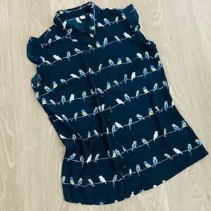 Elle Dark Blue Shirt with Colorful Bird Design